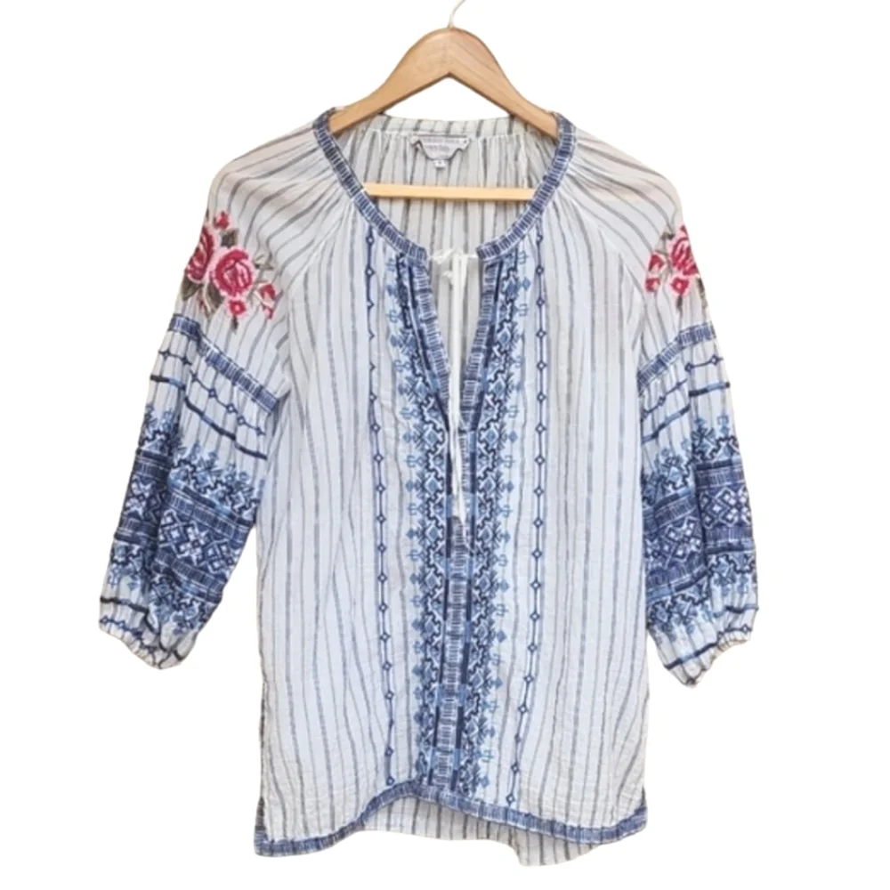 JOHNNY WAS WORKSHOP Shea Peasant Blouse S Santori Stripes Anthropologie Boho - Picture 5 of 16